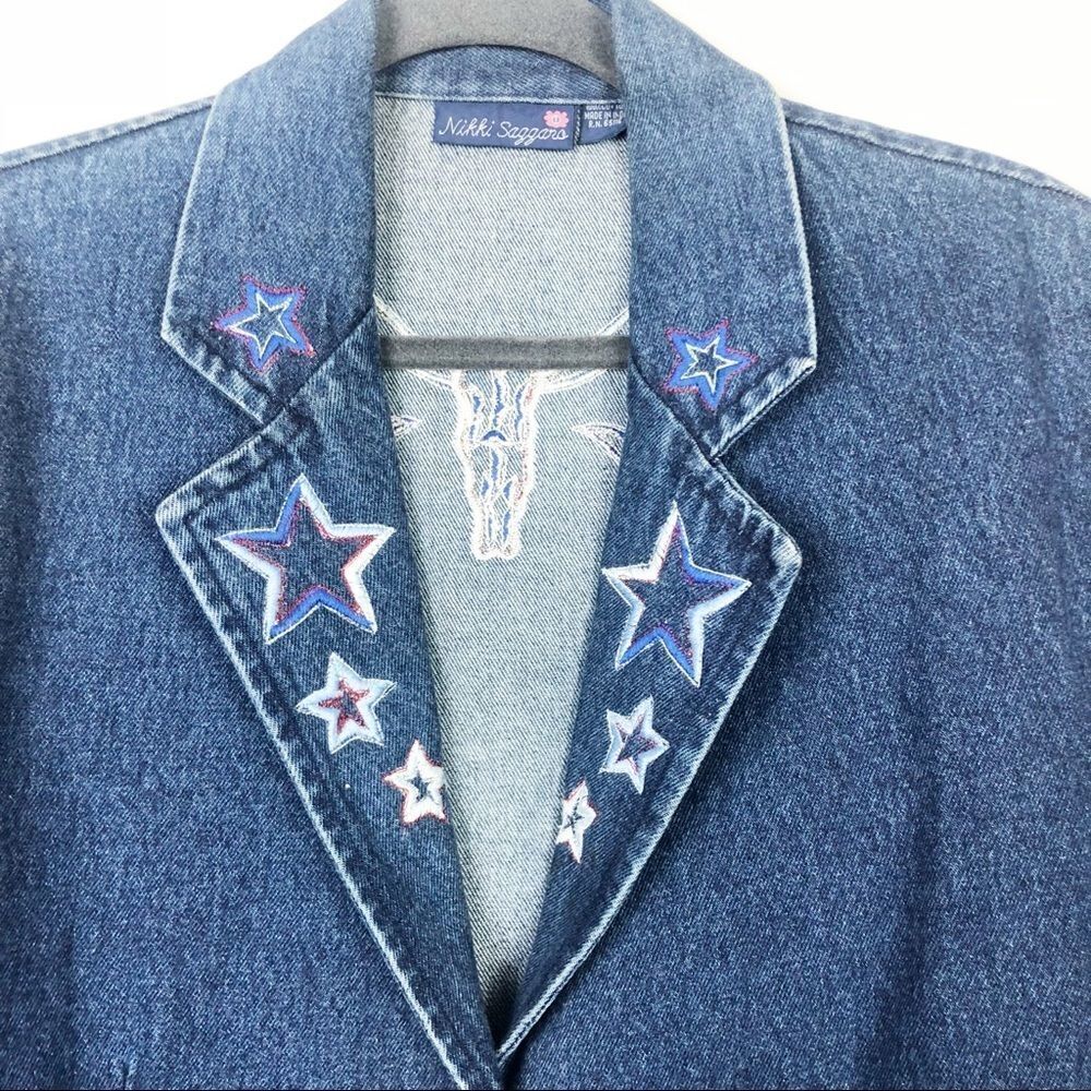 NIKKI SAGGARO | Vintage Boho Southwestern Style Denim Jean Jacket Women’s Size L - Picture 5 of 8